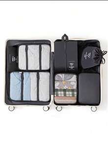 9pcs/Set Travel Luggage Organizer Set - Packing Cubes, Toiletry Bag, Compression Pouches, Garment Bags, Cosmetic Bag, Shoe Bag, Laundry Bag, Travel Essentials Organizer For Makeup, Skincare, Stationery, Electronics, Holiday Gift - Black - View 5