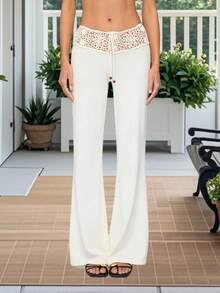 Women Summer Crochet Knit Pants Y2k Low Waist Drawstring Cover Up Pant Sexy Wide Leg Stretchy Hollow Out Beach Pants - trắng - Xem 4