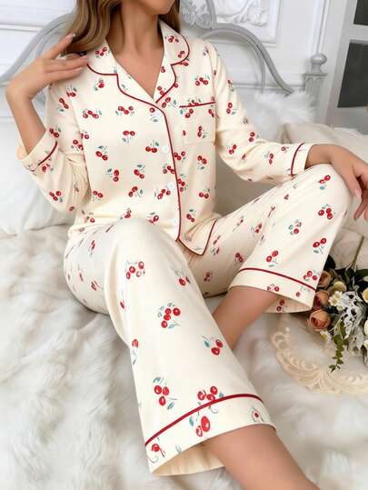 2 piezas Conjunto de pijama de pantalón y blusa de manga larga para mujer, ropa de estar en casa informal y holgada con estampado, apta para uso interior y exterior, otoño/invierno