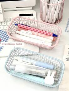 Cesta de almacenamiento de metal resistente a la oxidación, puede almacenar cosméticos, aretes, artículos de papelería, suministros de oficina, organizador de escritorio multifuncional, color crema, cesta de almacenamiento compacta de arte de hierro de moda, duradera, estante organizador de escritorio, adecuado para escritorio de oficina, tocador, unisex, organización del hogar, decoración del hogar - Multicolor - Ver 7