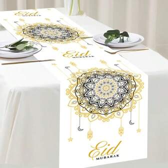 Dieses Ramadan-thematische Tischläufer-Set zeichnet sich durch ein simples und elegantes Design aus, das mit goldenen Mond- und Laternenmustern verziert ist und den Geist des Ramadan ausstrahlt. Aus strapazierfähigem Polyestermaterial gefertigt, ist das rechteckige Design für Küche, Esszimmer, Partys, Zuhause und ländliche Festdekorationen geeignet. In verschiedenen Größen erhältlich, was es zu einem hervorragenden Geschenkoptionen macht.