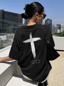 女士休闲度假圆领短袖T恤，印有十字架标语，女士上衣。图案T恤，女士白色上衣，黑色上衣 - 黑色 - 查看 1