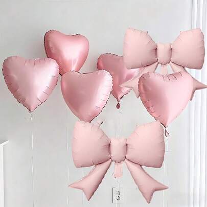 kumozawa 7pcs Pink Heart & Bow Foil Balloon Set, Suitable For Wedding, Birthday, Anniversary, Valentine's Day And Other Occasions