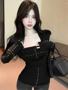 2件套美式性感低领长袖修身铆钉露脐上衣黑色春季款 - 黑色 - 查看 3