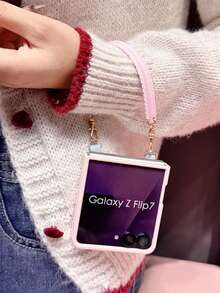 1pc Fashionable Minimalist Pink Polka Dot Puppy Element Foldable Phone Case With Matching Wrist Strap, Protective And Anti-Drop, Compatible With Samsung Galaxy Zflip 3/Zflip 4/Zflip 5/Zflip 6/Zflip 7/ Razr 50 Ultra/ Razr 60 Ultra/ Razr 60/ Razr 50/Galaxy Z Flip7 FE - White - View 6