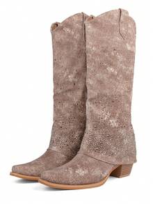 Rhinestones Boots For Women Luxury Pointed Toe Block Heel Fold Over Boots Slouchy Vibe Chunky Heel  Knee High Pull On Boots For Party Dance - màu nâu - Xem 2