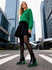 Platform Chunky Heel Ankle Boots Women Square Toe Mid Calf Boots With Side Zippers Party Cosplay Dance Gogo Boots - 綠色 - 查看 3