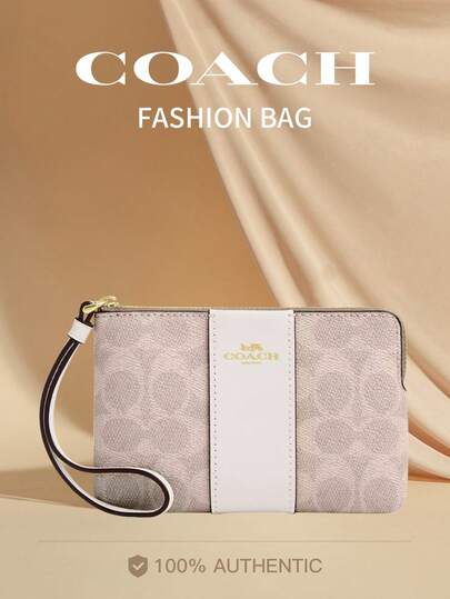 Coach Cartera de mano con cremallera de esquina para mujer, 16 unidades, de piel sintética, monedero y correa para llaves, móvil y monedas.