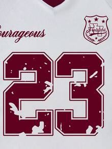 Camiseta de manga corta con cuello en V y estampado numérico para adolescentes, y pantalones cargo de unicolor - Burdeos - Ver 3