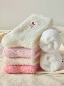 1pair Christmas Socks Woman White And Pink Fuzzy Women's Crew Socks, Bow Pattern Warm Socks, Soft And Comfortable, Suitable For Autumn And Winter,Random Colors - 粉色 - 查看 1