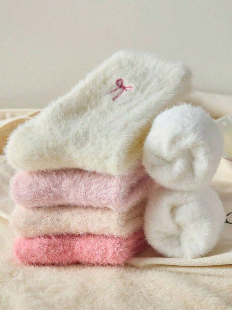 1pair Christmas Socks Woman White And Pink Fuzzy Women's Crew Socks, Bow Pattern Warm Socks, Soft And Comfortable, Suitable For Autumn And Winter,Random Colors - 粉色 - 查看 1