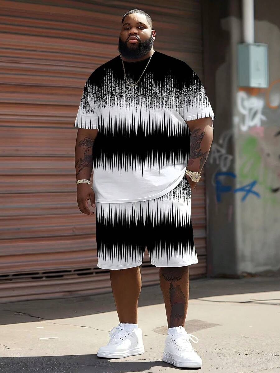 2pcs/Set Summer Men's Big & Tall Plus Size Set, Black & White Gradient Ripple Print Top And Shorts, Fashionable High Street Casual Outfit - Black and White - View 1