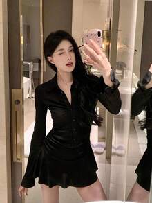 1pc Ruched Hem Collared Blended Midi Dress, Slim Fit, Casual Chic, Suitable For Date, Commute, Student, Spring/Autumn/Winter, Y2K Aesthetic - Black - View 1