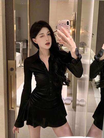 一件式褶皱下摆翻领混纺中长连衣裙，修身剪裁，休闲时尚，适合约会、通勤、学生、春秋冬三季穿着，Y2K风格