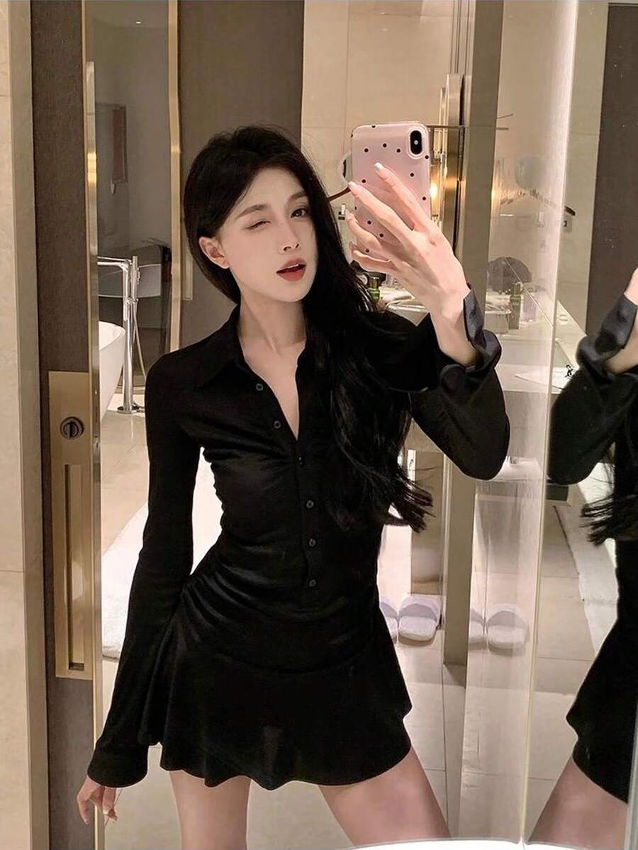 1pc Ruched Hem Collared Blended Midi Dress, Slim Fit, Casual Chic, Suitable For Date, Commute, Student, Spring/Autumn/Winter, Y2K Aesthetic - Black - View 1