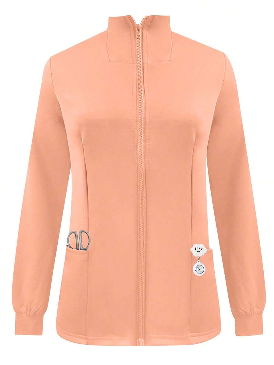 cimmuovere Solid Color Zipper Front Stand Collar Long Sleeve Scrub Jacket - Coral Orange - View 1