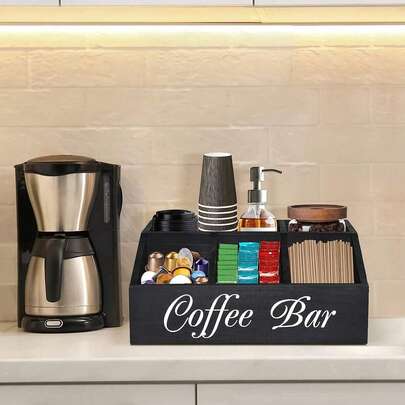 1 pieza Estantería de almacenamiento de barra de café rústica de madera, soporte para cápsulas de café de encimera, caja de almacenamiento de accesorios de café y té de escritorio, organizador de accesorios de café estilo granja, decoración de bar, organización del hogar, decoración de vuelta a la escuela