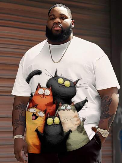 加大码男士休闲圆领T恤，涤纶针织面料，舒适透气，时尚休闲“可爱小猫”卡通系列设计，街头潮流新风，独特图案T恤