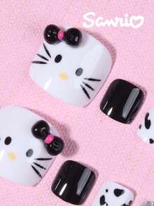 SANRIO Bộ 24 miếng dán móng tay vuông ngắn lấp lấp lánh kiểu Pháp, trang trí bằng nơ đen dễ thương và họa tiết denim, phong cách nữ tính màu hồng, vừa vặn hoàn hảo với móng chân acrylic, bao gồm 1 lọ keo gel và 1 dũa móng, thích hợp cho phụ nữ và các cô gái sử dụng hàng ngày và trong các bữa tiệc. - Nhiều màu - Xem 3