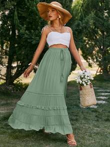 Simplee Women's Casual Vacation Western Style Fringe Ruffle Hem Skirt, Summer - Gray Green - View 4