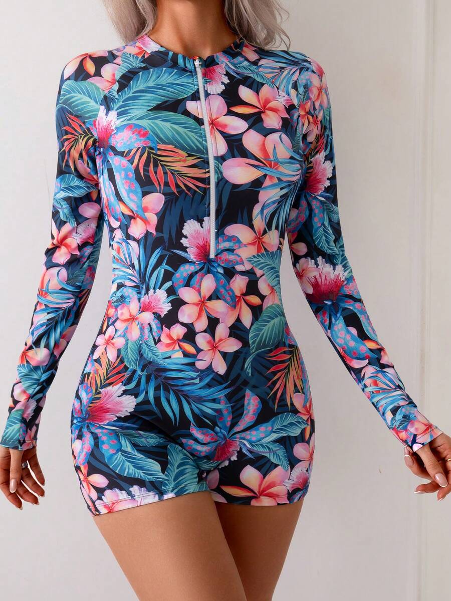 Women's Tropical Floral Print Long Sleeve High Neck Zipper Swimsuit With Shorts Sporty Polyester Medium Stretch Diving Suit - Nhiều màu - Xem 1