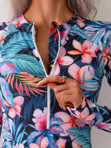 Women's Tropical Floral Print Long Sleeve High Neck Zipper Swimsuit With Shorts Sporty Polyester Medium Stretch Diving Suit - Nhiều màu - Xem 4