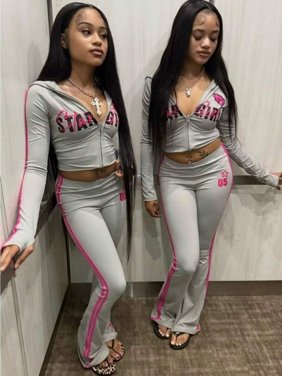 Women's Casual Sweatshirt Color-Blocking Retro Sportswear Style Hoodie Coat Long-Sleeved Jacket Printed Zipper Hooded Top Long Pants Grey Tights Two-Piece Set For Spring/Autumn Suitable For Back-To-School And Valentine's Day - 灰色 - 查看 1