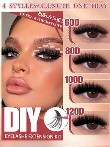750片混合长度假睫毛，包含60D、80D、100D、120D假睫毛簇，适合在家DIY，新手友好，自然浓密，是打造浓密夸张妆容的理想之选。睫毛簇套装，睫毛，假睫毛，假睫毛 - 彩色 - 查看 5
