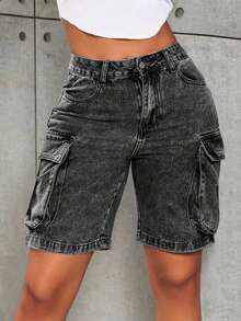 Shorts vaqueros de pierna ancha con bolsillo con solapa de cintura alta, estilo streetwear Y2K, shorts de verano cómodos - Humo negro - Ver 3