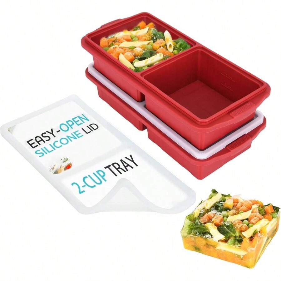 Silicone Freezer Tray With Lid - Soup Freezer Container Molds - Large Ice Cube Tray - Makes 8 Perfect 1 Cup Portions Cubes, 2 - Pack Freezer Storage Food Soups Meal Prep - Oven Dishwasher - - 2杯,紅色 - 查看 1