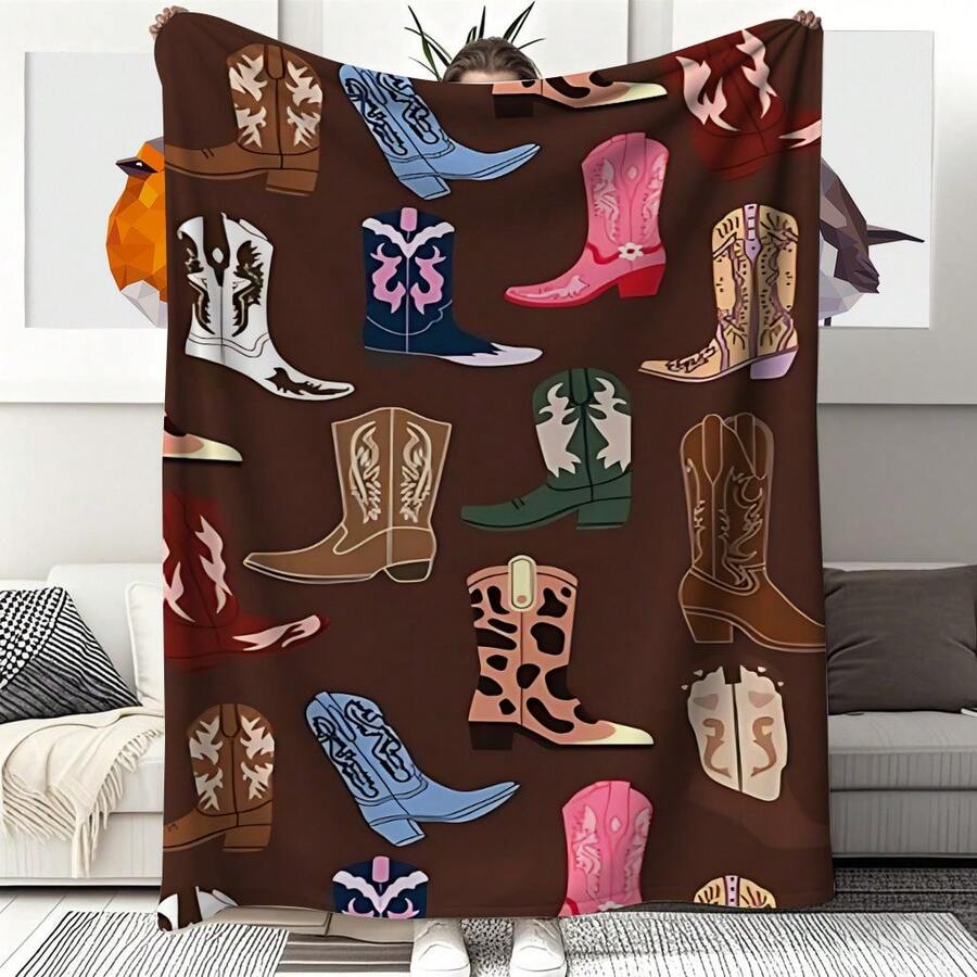 Retro Western Cowboy Theme, Cowboy Boots, Cowboy Hats, Cacti, Feather Design Patterns, Modern Home Style,Super Soft Flannel Printed  Blanket,As Birthday Gifts, Family, Wedding, Souvenir Blankets, Polyester Blankets Suitable For All Seasons, Washable, Machine Washable, Lightweight, Breathable, Comfortable, Warm, Unique, 280gsm For Him, Her Personalized Ideal Gifts For Her, Him, Family, Boyfriend, Girlfriend, Father, Family, Mother, Lover, Daughter, Son, Grandfather, Grandmother, Teacher,Doctor, Nurse,Friend, Classmate, Pet.Perfect Nap, Camping, Travel, Home, Daily Life, Office Decoration, Birthday, Anniversary, Valentine's Day, Thanksgiving, Graduation Season,Christmas, Halloween, Mother's Day, Father's Day, Wedding, New Year Gifts ,Sofa,Bed,Car,Bedroom,Living Room,Office,  Outdoor Camping, Beach,Wall Decoration - 多色34 - 查看 1