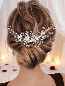 1 chiếc băng đô cài tóc cô dâu kiểu Âu & Mỹ thủ công bằng hợp kim ngọc trai trắng đính lá và hoa, phụ kiện váy cưới. - Bạc - Xem 5