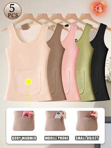 5Pcs Warm Fleece Lined Seamless Thermal Vests, Dual Front Back Pockets, Soft Slim Fit Inner Undergarment For Fall Winter Daily Wear - Multicolor - View 3