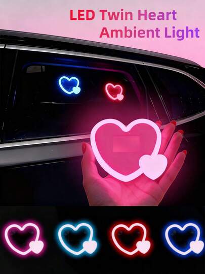 1个心形汽车内饰氛围灯 - 复古红霓虹装饰，耐用氛围灯，适合圣诞节和情人节，增添氛围，易于粘贴和安装，适用于轿车、卡车、SUV和家居装饰。电池容量300mAh，尺寸11厘米/4.33英寸