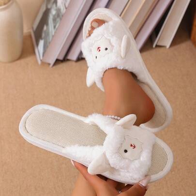 Women's Soft & Comfortable Plush Animal Sheep Cute Knitted Fleece Slippers, Suitable For Home Wear All Season