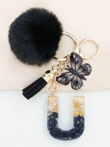 2026 New Style Black Pom Pom Keychain Ornament Perfect Gift For Women & Girls - A-Z Letter Resin Pendant Fashion Bag Car Key Ring Hange Bag Charm Purse Charm Keyring Y2K - Black - View 14