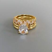 VKHK 3件套奢华镀金铜镶闪亮锆石戒指套装，适合女性婚礼佩戴及作为礼物 - 3件組戒指 - 查看 10
