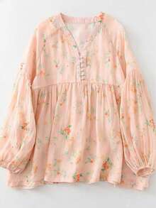 女士花卉叶子印花荷叶边纽扣前襟衬衫，休闲家居服，长袖，春秋度假款 - 彩色 - 查看 4