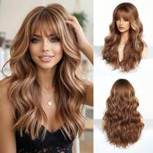 24-Inch Long Wavy Wig With Bangs, Fashionable Ombre Brown-Gold Color, Natural Looking, Heat-Resistant Synthetic Wig Suitable For Women To Attend Parties And New Year Events - Gold - View 12