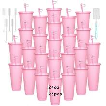 KAFUFU 25-Pack 24oz Pink Tumblers With Dust Caps - Reusable Drink Bottles & Party Cups For Coffee, Car Travel | Valentine's Day Gift Set, Includes Straws & Brushes, Bulk Orders Welcome (25, Pink) - 粉色 - 查看 9