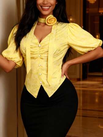 AOMEI Chic Women Yellow Jacquard 3D Flower Choker Tie V Neck z bufiastymi rękawami i guzikami Bluzka koktajlowa na imprezę