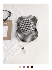 1 pieza Sombrero de cubo ajustable con bordado a cuadros casual, sombrero de sol de ala ancha con decoración de lazo de encaje a cuadros para mujer, estampado de cuadros vintage de color contrastante con cordón, ala ancha bohemia para vacaciones, protección solar de primavera/verano, aspecto monocromático brillante, sombrero de viaje con protección UV - Etiqueta de tela a cuadros con lazo - Ver 4