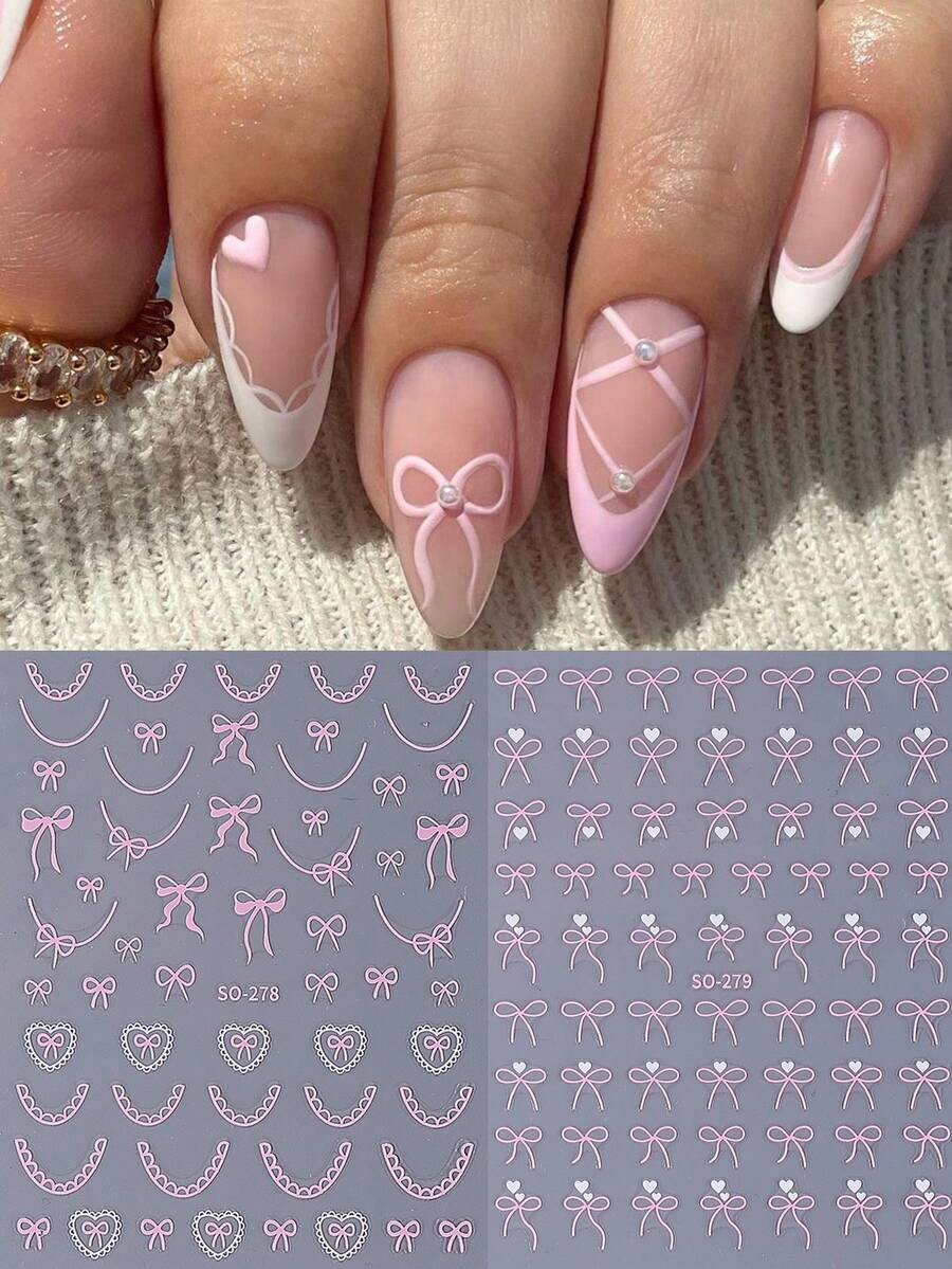 2pcs Blue 5D Embossed Boho Style Nail Art Stickers, DIY Self-Adhesive Nail Decals, Suitable For Acrylic Nail Supplies, Nail Art Decorations - Pink - View 1