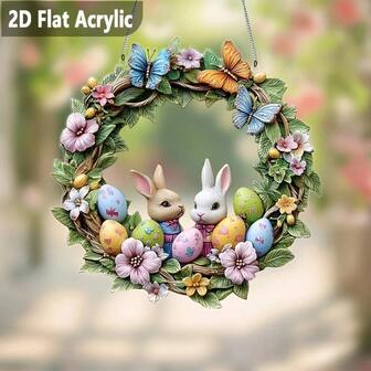 1pc, 2D Flat Acrylic Sign, Rabbit SunCatcher, Colorful Window Hanging, Acrylic Sign, Holiday Gift, Bohemian Theme, Spring Sign, Animal Decoration, (20.07x20.07cm) Window Decor, Porch Decor, Wall Decor, Home, Room Decor, Decorative Plaque And Statue