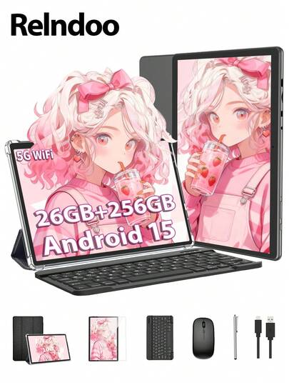 Relndoo Android Tablet PC With Keyboard, Android 15 Tablet, 26GB RAM+256GB ROM, 2-In-1 Tablet, With Laptop Protective Case, Mouse, Stylus Pen, Data Cable, Quad-Core 2.0GHz Processor, 5MP+8MP Dual Cameras, 10.1inch 1280*800 HD Touchscreen, 8000mAh Battery, Support 1TB SD Card Expansion, 802.11n 2.4G/5G WiFi, GPS, Certified Tablet, Pad (No Adapter)