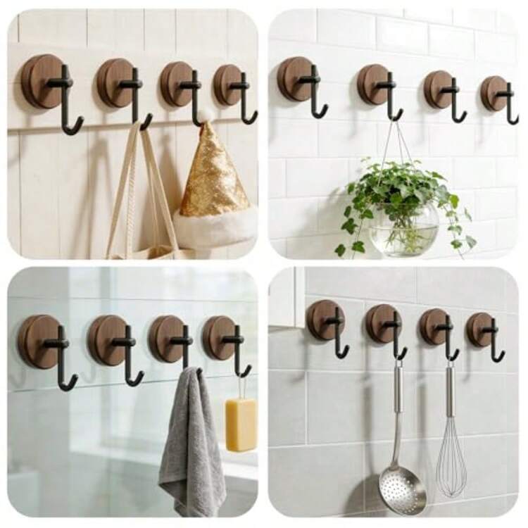 XGHJuego de 4 Gancos Adesivos de Pared Percero de Madera sin dro Gancos Reentes y rativos para Baño Cocina Dormito y ogar - color nogal - Añade 7