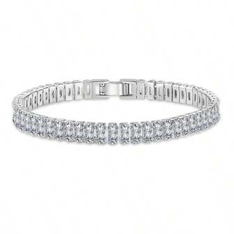 1pc Elegant Decorated Zirconia Chain 925 Silver Blue & White Tennis Bracelet, Suitable For Holiday, Party, Daily Wear, Gift For Family, Friends, Christmas, Halloween, Valentine's Day, Birthday - Gift Box