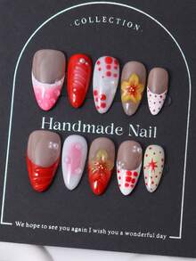 10pcs/Set Handmade Almond Shaped Nail Stickers In Europe And America, Y2K Red French Style & 3D Handcrafted Crystal Engraving & Hand Painted Gradient Shading Polka Dot Octagram Print Pearl Design Nail Decoration. 1 Piece Of Jelly Gel And 1 Piece Of Nail File, Very Suitable For Daily Life As Well As Coachella Music Festival Party Clothing, Press On Nails And Nail Care Products.