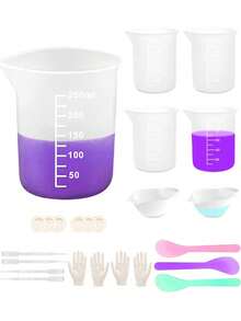 Silicone Resin Measuring Cups Tool Kit- 250 & 100 Ml Measure Cups, Silicone Popsicle Stir Sticks, Pipettes, Finger Cots For Epoxy Resin Mixing, Molds, Jewelry Making, Waxing, Easy Clean - Resin Tools Kit - View 1