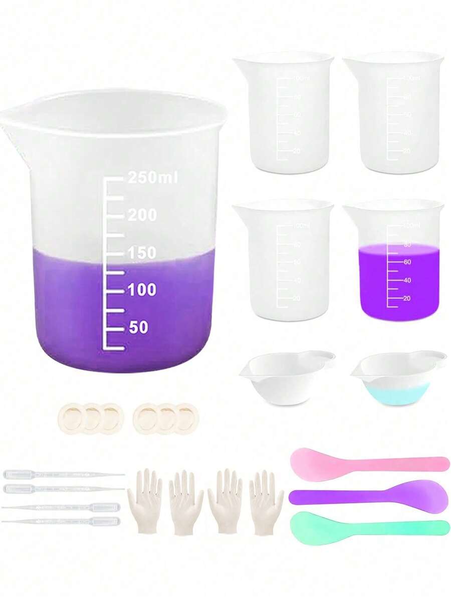 Silicone Resin Measuring Cups Tool Kit- 250 & 100 Ml Measure Cups, Silicone Popsicle Stir Sticks, Pipettes, Finger Cots For Epoxy Resin Mixing, Molds, Jewelry Making, Waxing, Easy Clean - Resin Tools Kit - View 1